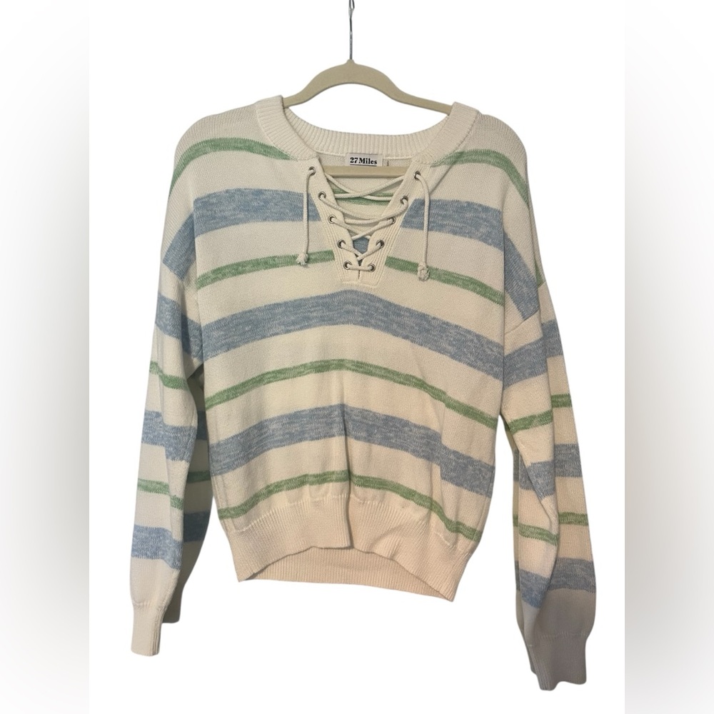 27 Miles Lace Up Raya White Blue Green Sweater Women’s Size Small
